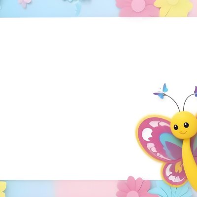 Digital Painting A Colorful Border Featuring A Cheerful Blue Butterfly With Pink And Purple Wings On The Right Side The Background Consists Of Pastel Colored Flowers In Shades Of Pink Blue And Yellow Creating A Play 6 3dca