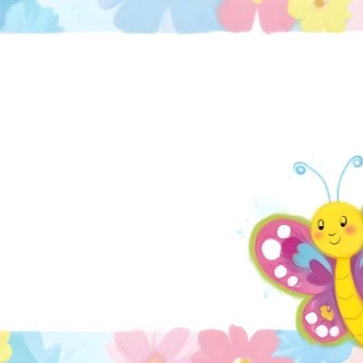 Digital Painting A Colorful Border Featuring A Cheerful Blue Butterfly With Pink And Purple Wings On The Right Side The Background Consists Of Pastel Colored Flowers In Shades Of Pink Blue And Yellow Creating A Play 62 Cd71