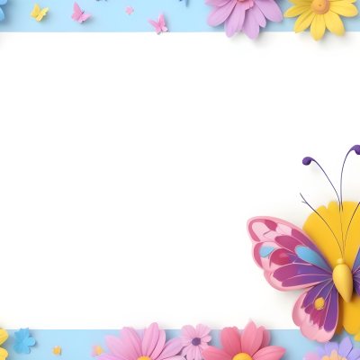 Digital Painting A Colorful Border Featuring A Cheerful Blue Butterfly With Pink And Purple Wings On The Right Side The Background Consists Of Pastel Colored Flowers In Shades Of Pink Blue And Yellow Creating A Play 63 1d04