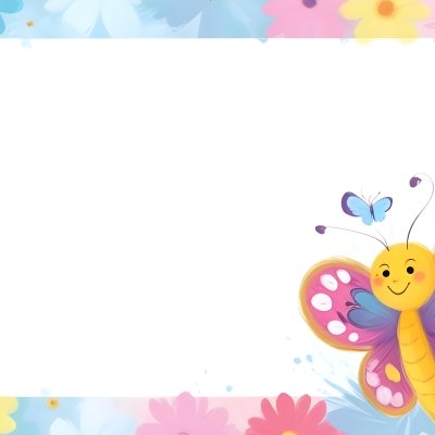 Digital Painting A Colorful Border Featuring A Cheerful Blue Butterfly With Pink And Purple Wings On The Right Side The Background Consists Of Pastel Colored Flowers In Shades Of Pink Blue And Yellow Creating A Play 64 939c