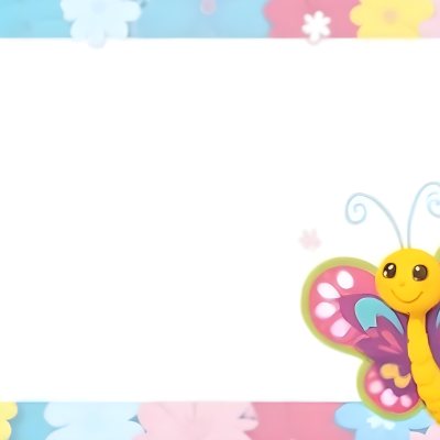 Digital Painting A Colorful Border Featuring A Cheerful Blue Butterfly With Pink And Purple Wings On The Right Side The Background Consists Of Pastel Colored Flowers In Shades Of Pink Blue And Yellow Creating A Play 65 99bc