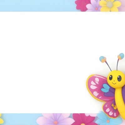 Digital Painting A Colorful Border Featuring A Cheerful Blue Butterfly With Pink And Purple Wings On The Right Side The Background Consists Of Pastel Colored Flowers In Shades Of Pink Blue And Yellow Creating A Play 67 0619