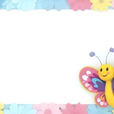 Digital Painting A Colorful Border Featuring A Cheerful Blue Butterfly With Pink And Purple Wings On The Right Side The Background Consists Of Pastel Colored Flowers In Shades Of Pink Blue And Yellow Creating A Play 69 Ee2b