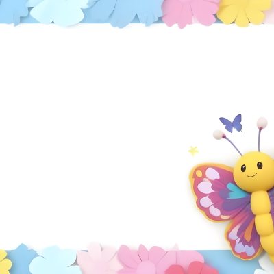 Digital Painting A Colorful Border Featuring A Cheerful Blue Butterfly With Pink And Purple Wings On The Right Side The Background Consists Of Pastel Colored Flowers In Shades Of Pink Blue And Yellow Creating A Play 7 7637