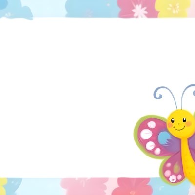 Digital Painting A Colorful Border Featuring A Cheerful Blue Butterfly With Pink And Purple Wings On The Right Side The Background Consists Of Pastel Colored Flowers In Shades Of Pink Blue And Yellow Creating A Play 70 05b4
