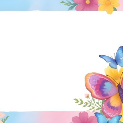 Digital Painting A Colorful Border Featuring A Cheerful Blue Butterfly With Pink And Purple Wings On The Right Side The Background Consists Of Pastel Colored Flowers In Shades Of Pink Blue And Yellow Creating A Play 72 D6bf