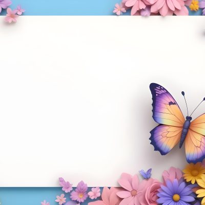 Digital Painting A Colorful Border Featuring A Cheerful Blue Butterfly With Pink And Purple Wings On The Right Side The Background Consists Of Pastel Colored Flowers In Shades Of Pink Blue And Yellow Creating A Play 75 95b3