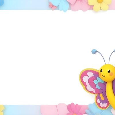 Digital Painting A Colorful Border Featuring A Cheerful Blue Butterfly With Pink And Purple Wings On The Right Side The Background Consists Of Pastel Colored Flowers In Shades Of Pink Blue And Yellow Creating A Play 77 C163