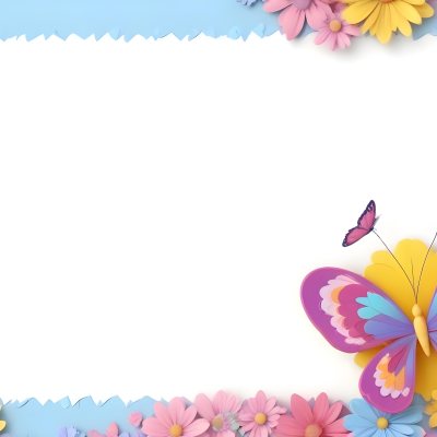 Digital Painting A Colorful Border Featuring A Cheerful Blue Butterfly With Pink And Purple Wings On The Right Side The Background Consists Of Pastel Colored Flowers In Shades Of Pink Blue And Yellow Creating A Play 8 0f4d