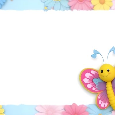 Digital Painting A Colorful Border Featuring A Cheerful Blue Butterfly With Pink And Purple Wings On The Right Side The Background Consists Of Pastel Colored Flowers In Shades Of Pink Blue And Yellow Creating A Play 82 C444