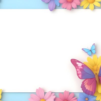 Digital Painting A Colorful Border Featuring A Cheerful Blue Butterfly With Pink And Purple Wings On The Right Side The Background Consists Of Pastel Colored Flowers In Shades Of Pink Blue And Yellow Creating A Play 83 44e7