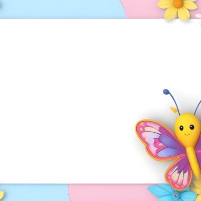 Digital Painting A Colorful Border Featuring A Cheerful Blue Butterfly With Pink And Purple Wings On The Right Side The Background Consists Of Pastel Colored Flowers In Shades Of Pink Blue And Yellow Creating A Play 84 F297