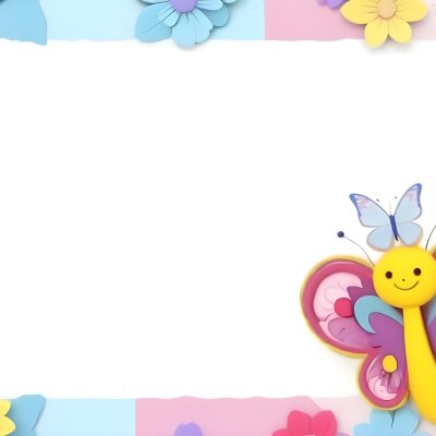 Digital Painting A Colorful Border Featuring A Cheerful Blue Butterfly With Pink And Purple Wings On The Right Side The Background Consists Of Pastel Colored Flowers In Shades Of Pink Blue And Yellow Creating A Play 85 Fe12