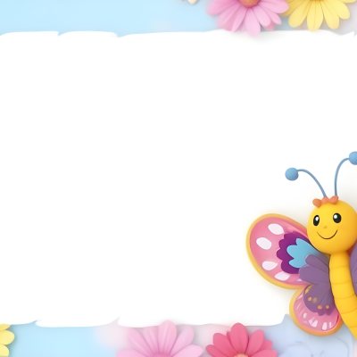 Digital Painting A Colorful Border Featuring A Cheerful Blue Butterfly With Pink And Purple Wings On The Right Side The Background Consists Of Pastel Colored Flowers In Shades Of Pink Blue And Yellow Creating A Play 86 5d70