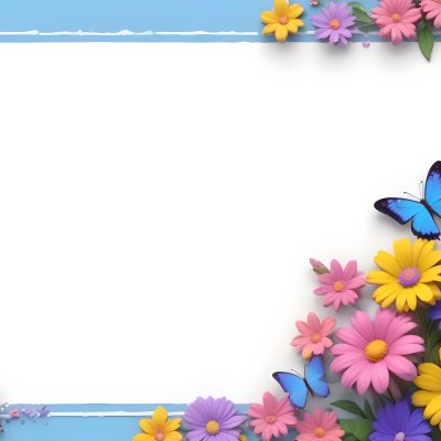 Digital Painting A Colorful Border Featuring A Cheerful Blue Butterfly With Pink And Purple Wings On The Right Side The Background Consists Of Pastel Colored Flowers In Shades Of Pink Blue And Yellow Creating A Play 87 2746