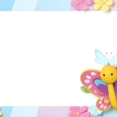 Digital Painting A Colorful Border Featuring A Cheerful Blue Butterfly With Pink And Purple Wings On The Right Side The Background Consists Of Pastel Colored Flowers In Shades Of Pink Blue And Yellow Creating A Play 88 942c