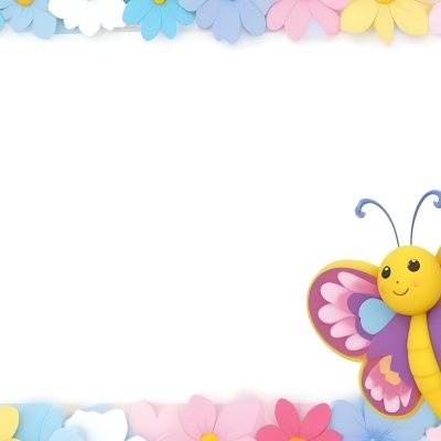 Digital Painting A Colorful Border Featuring A Cheerful Blue Butterfly With Pink And Purple Wings On The Right Side The Background Consists Of Pastel Colored Flowers In Shades Of Pink Blue And Yellow Creating A Play 89 5e57