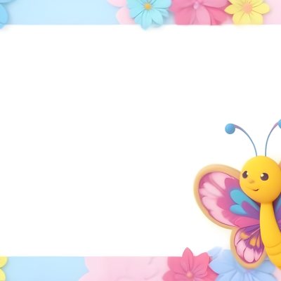 Digital Painting A Colorful Border Featuring A Cheerful Blue Butterfly With Pink And Purple Wings On The Right Side The Background Consists Of Pastel Colored Flowers In Shades Of Pink Blue And Yellow Creating A Play 9 B2e1
