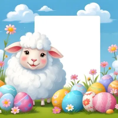 Digital Painting A Cute Cartoon Sheep With Fluffy White Wool And Rosy Cheeks Stands Beside A Blank White Rectangle The Sheep Has Large Expressive Eyes And Pink Ears Surrounding The Sheep Are Colorful Easter Eggs In 33 5057