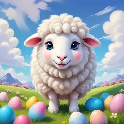 Digital Painting A Cute Cartoon Sheep With Fluffy White Wool And Rosy Cheeks Stands Beside A Blank White Rectangle The Sheep Has Large Expressive Eyes And Pink Ears Surrounding The Sheep Are Colorful Easter Eggs In 34 6d2a