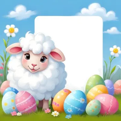 Digital Painting A Cute Cartoon Sheep With Fluffy White Wool And Rosy Cheeks Stands Beside A Blank White Rectangle The Sheep Has Large Expressive Eyes And Pink Ears Surrounding The Sheep Are Colorful Easter Eggs In 47 8e58