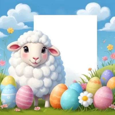 Digital Painting A Cute Cartoon Sheep With Fluffy White Wool And Rosy Cheeks Stands Beside A Blank White Rectangle The Sheep Has Large Expressive Eyes And Pink Ears Surrounding The Sheep Are Colorful Easter Eggs In 49 Bf39
