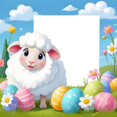Digital Painting A Cute Cartoon Sheep With Fluffy White Wool And Rosy Cheeks Stands Beside A Blank White Rectangle The Sheep Has Large Expressive Eyes And Pink Ears Surrounding The Sheep Are Colorful Easter Eggs In 51 Ecea