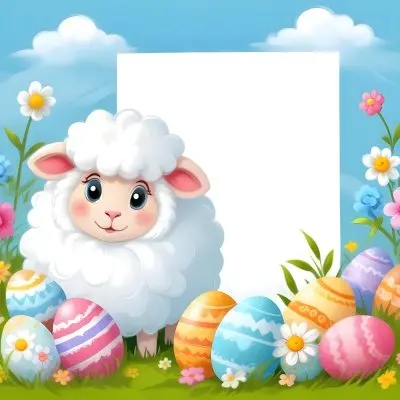 Digital Painting A Cute Cartoon Sheep With Fluffy White Wool And Rosy Cheeks Stands Beside A Blank White Rectangle The Sheep Has Large Expressive Eyes And Pink Ears Surrounding The Sheep Are Colorful Easter Eggs In 58 D3c2