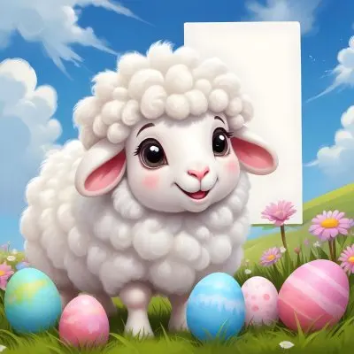 Digital Painting A Cute Cartoon Sheep With Fluffy White Wool And Rosy Cheeks Stands Beside A Blank White Rectangle The Sheep Has Large Expressive Eyes And Pink Ears Surrounding The Sheep Are Colorful Easter Eggs In 59 B308