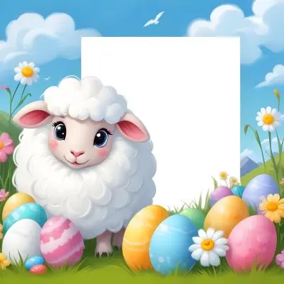 Digital Painting A Cute Cartoon Sheep With Fluffy White Wool And Rosy Cheeks Stands Beside A Blank White Rectangle The Sheep Has Large Expressive Eyes And Pink Ears Surrounding The Sheep Are Colorful Easter Eggs In 67 F9ce