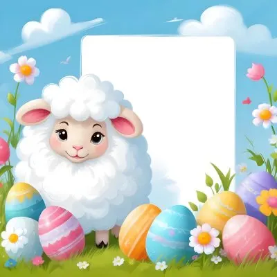 Digital Painting A Cute Cartoon Sheep With Fluffy White Wool And Rosy Cheeks Stands Beside A Blank White Rectangle The Sheep Has Large Expressive Eyes And Pink Ears Surrounding The Sheep Are Colorful Easter Eggs In 69 15a4