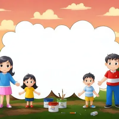 Digital Painting A Family Of Four Cartoon Characters Standing Together In A Grassy Area The Family Includes A Boy With Black Hair In A Yellow Top And Black Skirt A Young Girl With Red Hair In A Yellow Dress A Boy Wit 51 9a4e