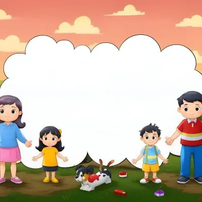Digital Painting A Family Of Four Cartoon Characters Standing Together In A Grassy Area The Family Includes A Boy With Black Hair In A Yellow Top And Black Skirt A Young Girl With Red Hair In A Yellow Dress A Boy Wit 54 190d