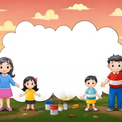 Digital Painting A Family Of Four Cartoon Characters Standing Together In A Grassy Area The Family Includes A Boy With Black Hair In A Yellow Top And Black Skirt A Young Girl With Red Hair In A Yellow Dress A Boy Wit 55 4eb7