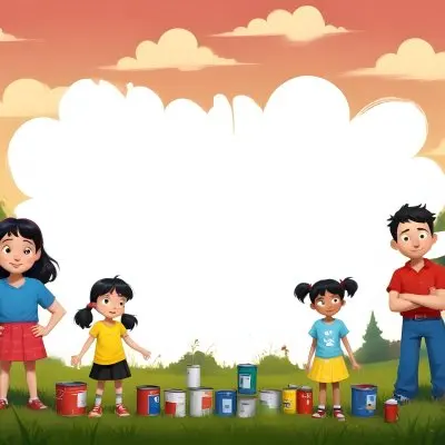 Digital Painting A Family Of Four Cartoon Characters Standing Together In A Grassy Area The Family Includes A Boy With Black Hair In A Yellow Top And Black Skirt A Young Girl With Red Hair In A Yellow Dress A Boy Wit 64 49a2