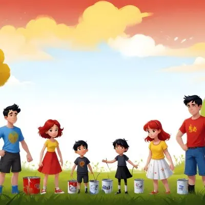 Digital Painting A Family Of Four Cartoon Characters Standing Together In A Grassy Area The Family Includes A Boy With Black Hair In A Yellow Top And Black Skirt A Young Girl With Red Hair In A Yellow Dress A Boy Wit 77 8e2a