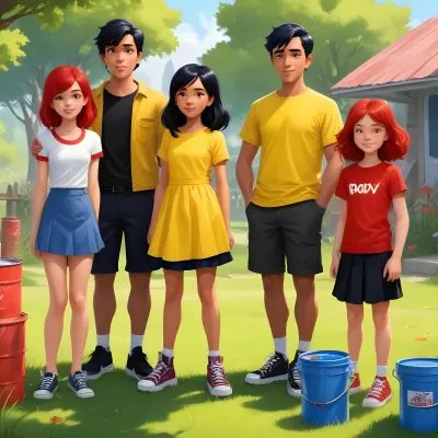 Digital Painting A Family Of Four Cartoon Characters Standing Together In A Grassy Area The Family Includes A Boy With Black Hair In A Yellow Top And Black Skirt A Young Girl With Red Hair In A Yellow Dress A Boy Wit 89 Ad5b