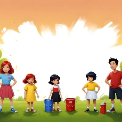 Digital Painting A Family Of Four Cartoon Characters Standing Together In A Grassy Area The Family Includes A Boy With Black Hair In A Yellow Top And Black Skirt A Young Girl With Red Hair In A Yellow Dress A Boy Wit 94 C61e