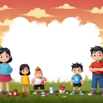 Digital Painting A Family Of Four Cartoon Characters Standing Together In A Grassy Area The Family Includes A Boy With Black Hair In A Yellow Top And Black Skirt A Young Girl With Red Hair In A Yellow Dress A Boy Wit 95 644f