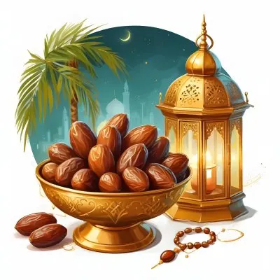 Digital Painting A Golden Bowl Full Of Dates A Golden Lantern A Palm Tree And A Rosary In A Mosque At Night Bold And Slim Lines Brush Strokes 13 C575