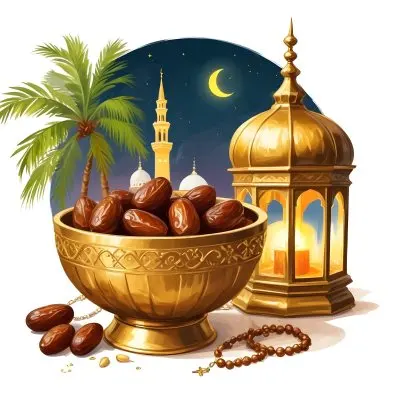 Digital Painting A Golden Bowl Full Of Dates A Golden Lantern A Palm Tree And A Rosary In A Mosque At Night Bold And Slim Lines Brush Strokes 14 Dec0