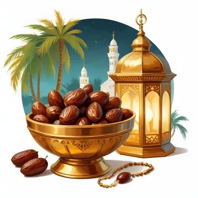 Digital Painting A Golden Bowl Full Of Dates A Golden Lantern A Palm Tree And A Rosary In A Mosque At Night Bold And Slim Lines Brush Strokes 17 5f47