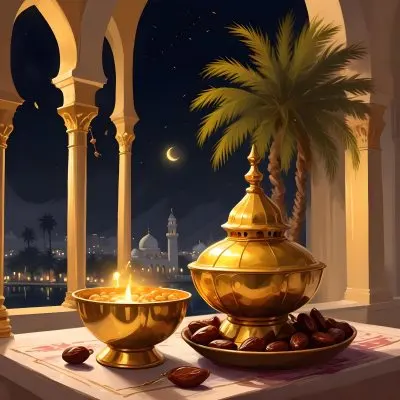 Digital Painting A Golden Bowl Full Of Dates A Golden Lantern A Palm Tree And A Rosary In A Mosque At Night Bold And Slim Lines Brush Strokes 2 Db3d