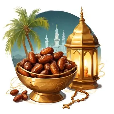 Digital Painting A Golden Bowl Full Of Dates A Golden Lantern A Palm Tree And A Rosary In A Mosque At Night Bold And Slim Lines Brush Strokes 27 E8d2