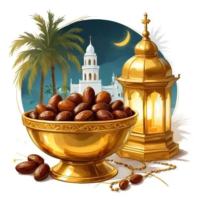 Digital Painting A Golden Bowl Full Of Dates A Golden Lantern A Palm Tree And A Rosary In A Mosque At Night Bold And Slim Lines Brush Strokes 4 Fabb