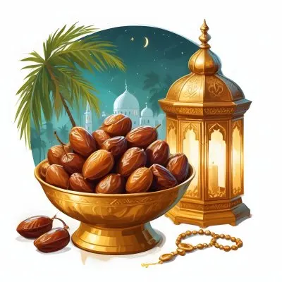 Digital Painting A Golden Bowl Full Of Dates A Golden Lantern A Palm Tree And A Rosary In A Mosque At Night Bold And Slim Lines Brush Strokes 7 F485