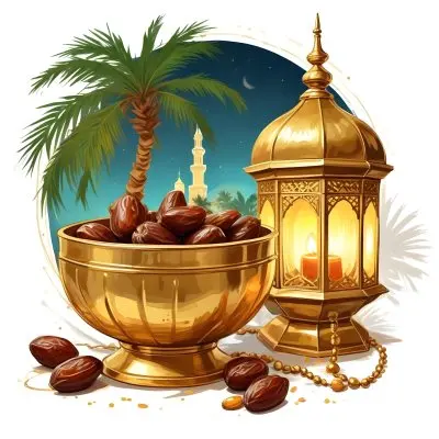 Digital Painting A Golden Bowl Full Of Dates A Golden Lantern A Palm Tree And A Rosary In A Mosque At Night Bold And Slim Lines Brush Strokes 8 812b