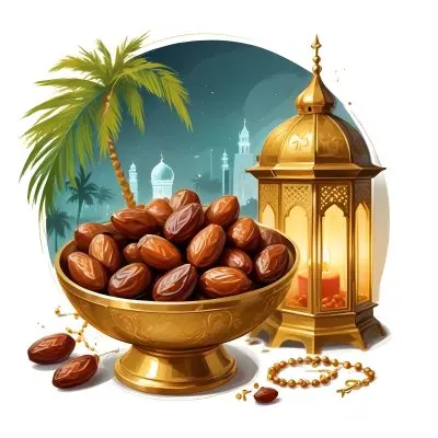 Digital Painting A Golden Bowl Full Of Dates A Golden Lantern A Palm Tree And A Rosary In A Mosque At Night Bold And Slim Lines Brush Strokes 9 2d18