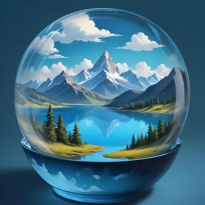 Digital Painting A Landscape With Mountains And A Lake Inside A Glass Bowl Clouds On Top Of The Bowl Blue Background Bold And Slim Lines Brush Strokes 15 5ebb
