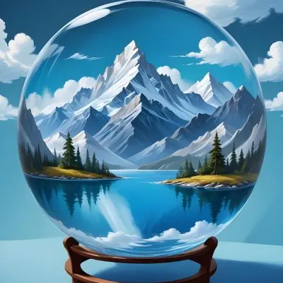 Digital Painting A Landscape With Mountains And A Lake Inside A Glass Bowl Clouds On Top Of The Bowl Blue Background Bold And Slim Lines Brush Strokes 2 0a50